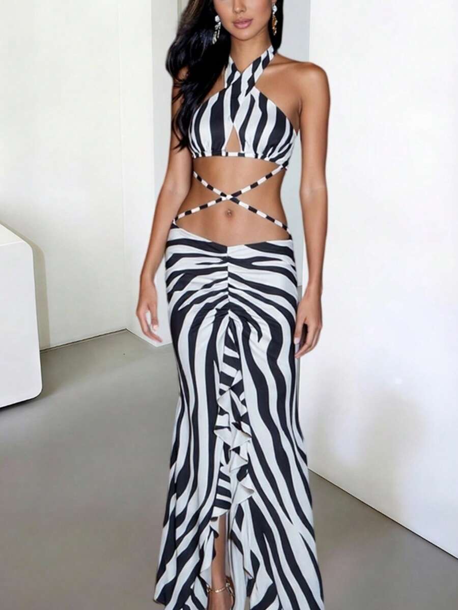 DOUCIU斑马纹印花露背长款荷叶边连衣裙，优雅派对海滩度假装扮 - 黑色 - 查看 1
