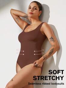 1pc Women Plus Size Seamless Bodysuit, Waist Cinching, Tummy Control, Butt Lifting - Brown - View 7