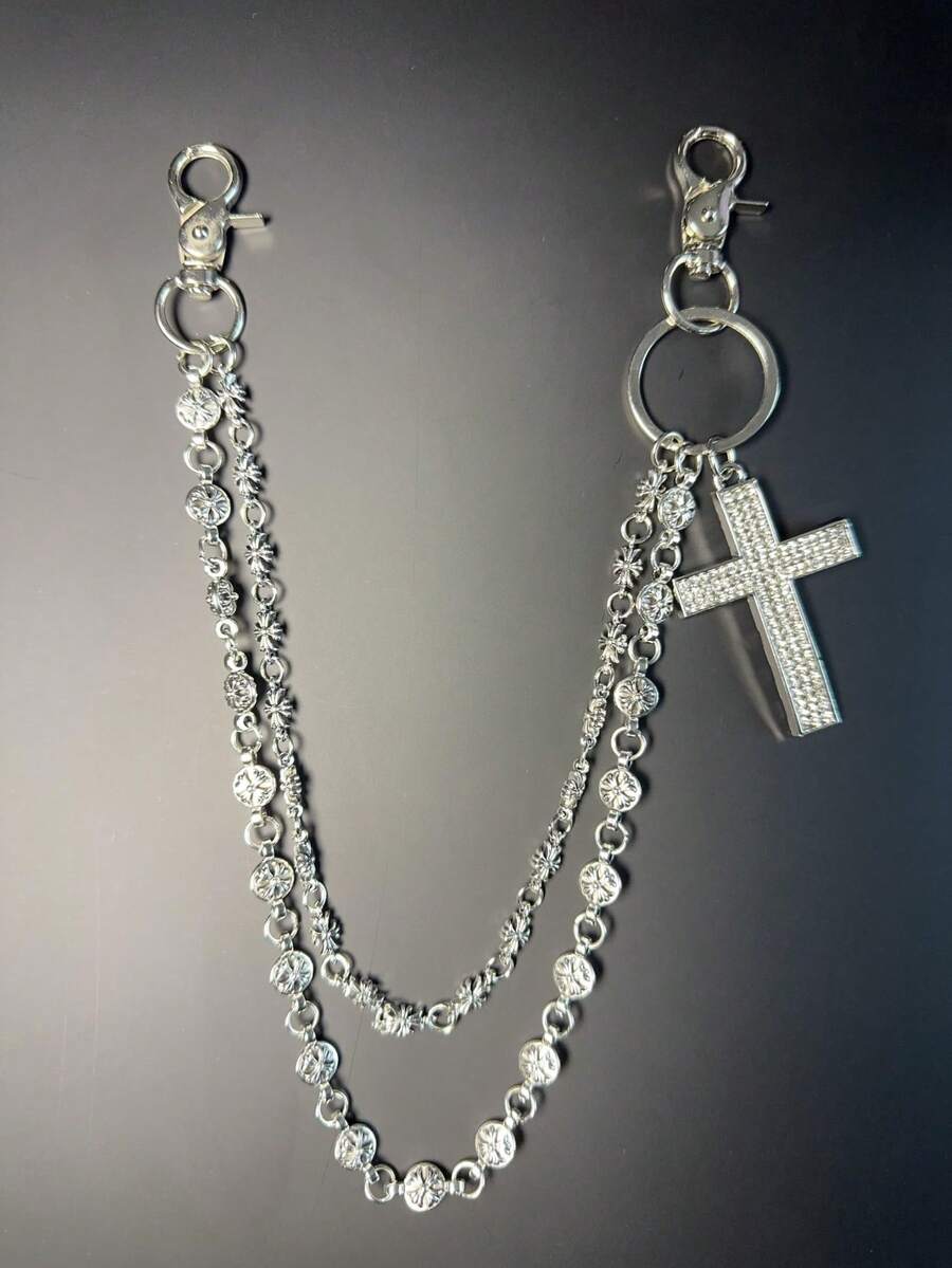 10件套交叉裤链，龙虾扣腰链，钱包链，复古链，双层链，嘻哈朋克风，牛仔裤链，口袋链，男士钥匙链，多元素裤链 - 古銀色 - 查看 1