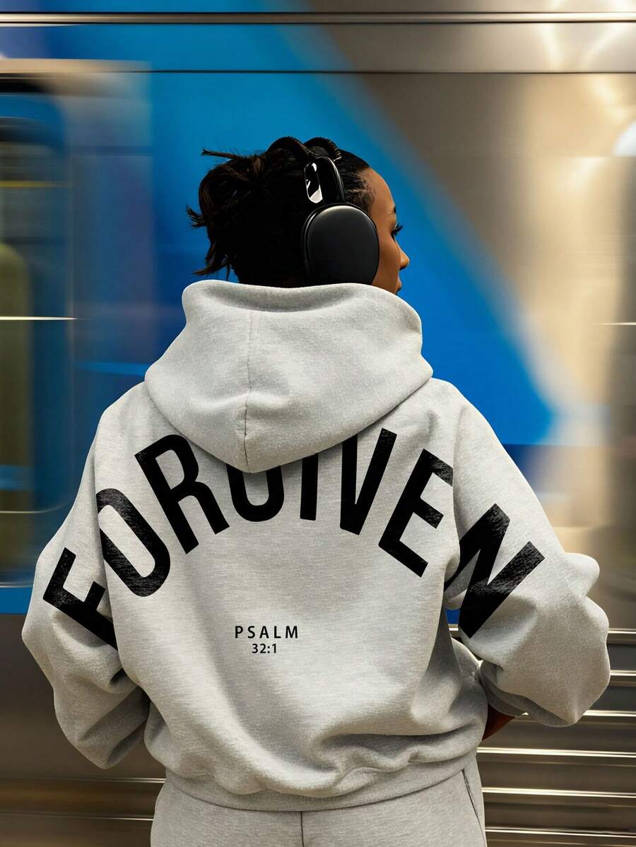 Kingdom Essential  Women's Hoodie |   Forgiven Psalm 32:1 Hoodie - Cotton Material Comfort & Breathability Casual & Sporty Outfits--Valentine Outfits For Women,Women Gifts - 灰色 - 查看 1