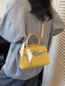 高端优雅丝巾装饰女士手提包；现代风格精致五金搭扣设计单肩包，简约百搭都市通勤风可调节肩带斜挎包 - 黃色 - 查看 3