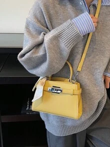 高端优雅丝巾装饰女士手提包；现代风格精致五金搭扣设计单肩包，简约百搭都市通勤风可调节肩带斜挎包 - 黃色 - 查看 2