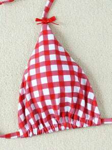 New Red & White Plaid Halter Tie Sexy Bikini Swimsuit Set, Beach Holiday Party Wear, Spring/Summer - Multicolor - View 4