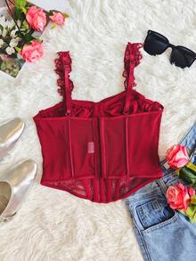 Burgundy Fishbone Underwire Cropped Top - Sexy Lace Bow Camisole Fashion Party Wear - Burgundy - View 7