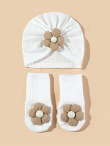 2件装 1-6个月婴儿花朵发带帽和袜子套装，可爱提花花朵帽子套装，春秋季 - 彩色 - 查看 12