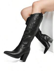 Embroidered Vintage Western Cowgirl Cowboy Boots For Women, Comfortable Pull On Zipper Chunky Heel Pointed Toe Knee High Boots - 黑色 - 查看 1