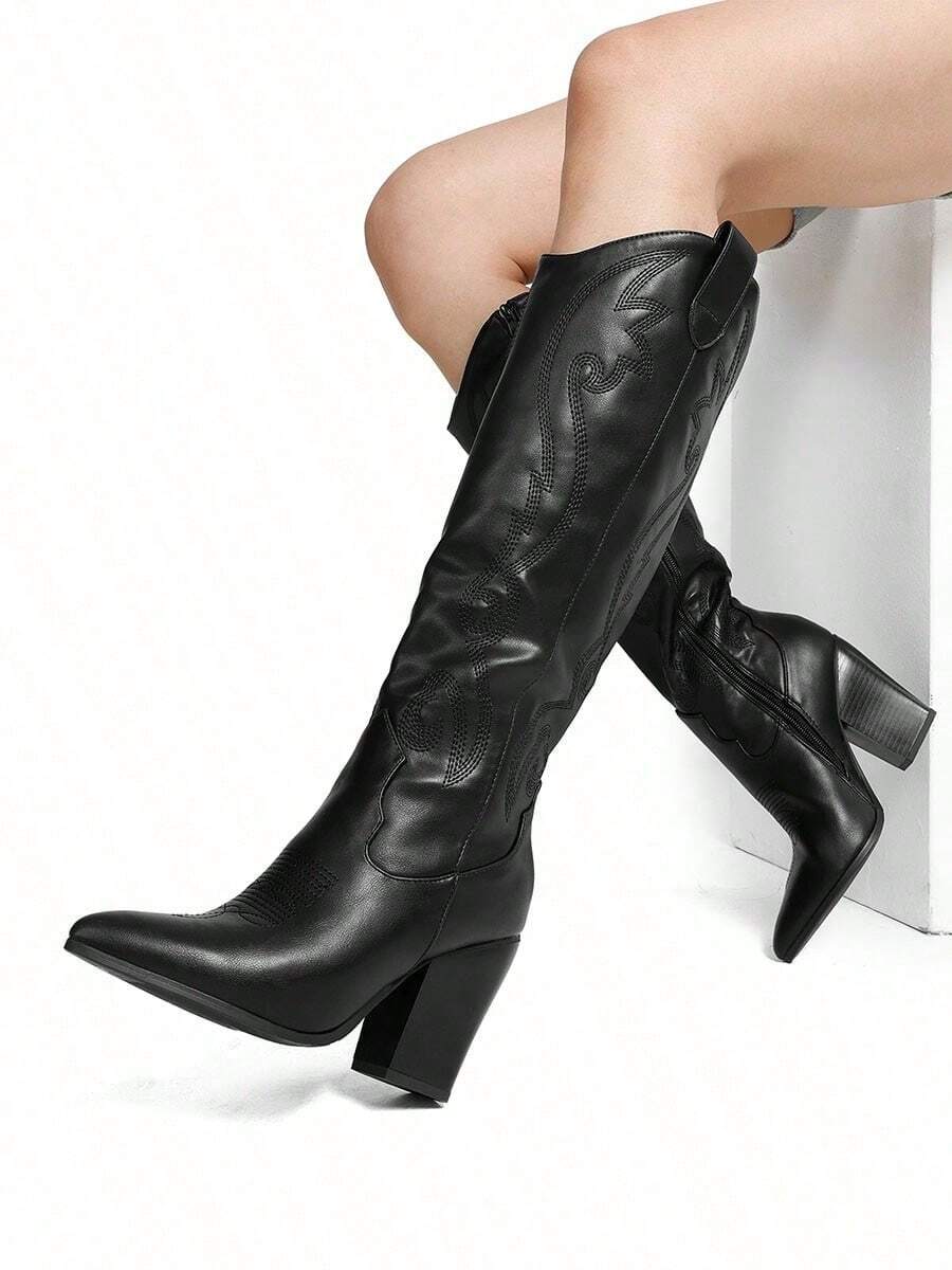 Embroidered Vintage Western Cowgirl Cowboy Boots For Women, Comfortable Pull On Zipper Chunky Heel Pointed Toe Knee High Boots - 黑色 - 查看 1