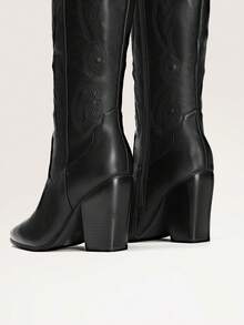Embroidered Vintage Western Cowgirl Cowboy Boots For Women, Comfortable Pull On Zipper Chunky Heel Pointed Toe Knee High Boots - 黑色 - 查看 8