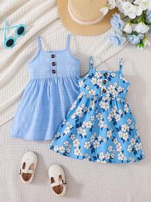 2件套女婴碎花吊带连衣裙套装，春夏款 - 藍色 - 查看 1