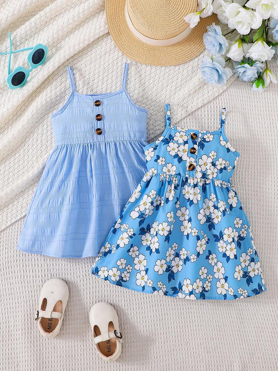 2件套女婴碎花吊带连衣裙套装，春夏款 - 藍色 - 查看 1