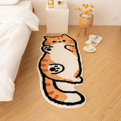 1pc Warm-Toned Lazy Cat Shaped Rug, Healing Windowsill/Bedroom Long Decorative Mat, Combination Of Orange-White Color And Lazy Cat Design Creates A Healing Japanese Pet Atmosphere, Suitable For Bedroom Bedside, Windowsill, Etc., Multiple Sizes Available, Decorative Rug, Bedroom Decor, Small Rug, Rug, Home Decor, Living Room Rug, Living Room Small Rug, Bedroom Rug, Living Room Home Decor, Outdoor Rug, Washable Rug, Asymmetrical Size, 1-5cm Trimming Error Allowed
