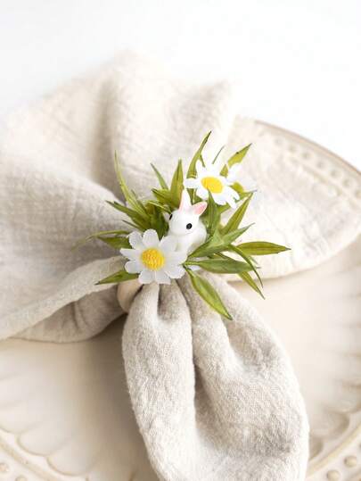 Conjunto de 4/6 anéis de guardanapo de Páscoa com margaridas artificiais e coelhinho fofo, decoração de mesa de jantar em estilo rústico, decoração de mesa de Páscoa, anéis de guardanapo de primavera em estilo rústico, presente elegante