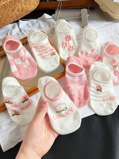 6 Pairs Cute Pink Floral & Cherry Print Women Ankle Socks, Non-Slip Breathable, Suitable For Spring/Summer, Random Colors