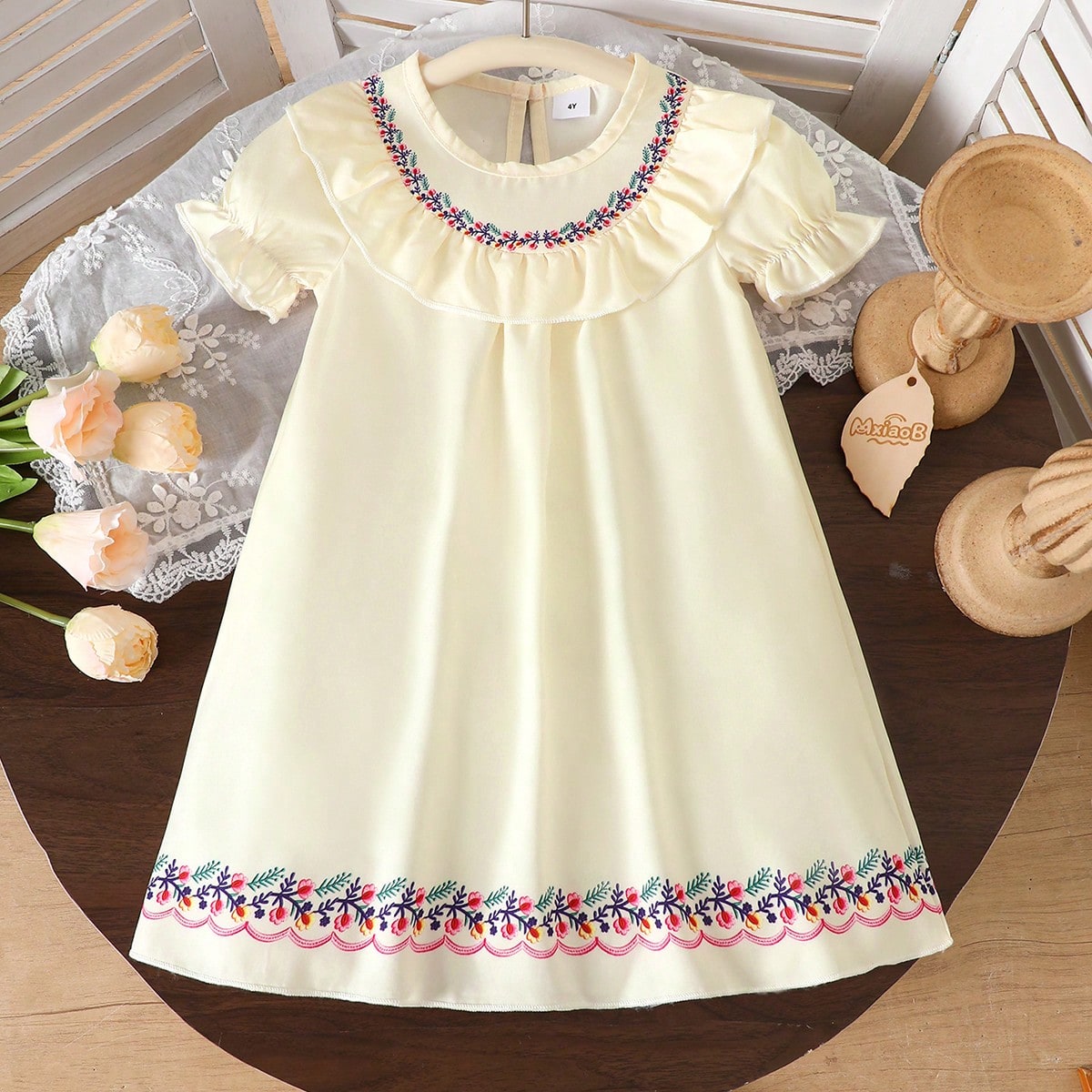 Pieza Vestido casual de media manga para niñas con estampado floral, de tela tejida suave y cómoda, apropiado para uso al aire libre, primavera/vera