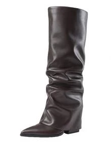 Women's Fold Over Boots Slouch Knee High Boots For Women Wedge Heel Pointed Toe Tall Boot, Wide Calf, Pull-On Shark Boots - 棕色 - 查看 7