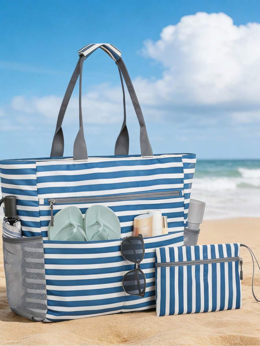 两件套沙滩包，大容量可折叠手提包，适合海边度假、健身旅行 - 彩色 - 查看 1