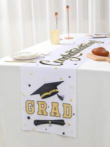 1pc Graduation Celebration Party Tablecloth, White Congratulations Graduate Black Gold Mortarboard Pattern Table Runner, 2026 Graduation Tablecloth Tabletop Decor, Graduation Party 2026 Restaurant Table Decor, Home Decor, Graduation Party Supplies, Graduation Theme Table Runner, Party Favors, Photography Props - Platinum Graduation Cap - View 9