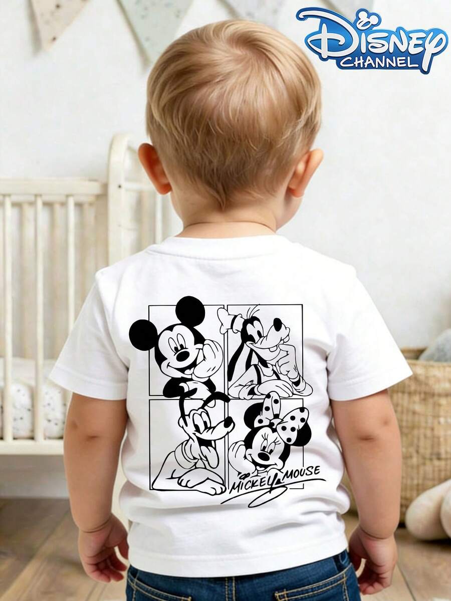 This Casual, Simple, Round-Neck Short-Sleeved T-Shirt Features Disney's Mickey And Minnie Mouse And Their Friends, And Is Designed For Both Baby Boys And Girls, Making It An Ideal Choice For Summer Wear. - 白色 - 查看 1