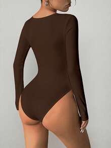 6pecil Women's Shapewear Bodysuit, Shaping Leggings With Slit Waist, Thong Or Briefs, Long-Sleeved Solid Color Sports Bodysuit. - Coffee Brown - View 2