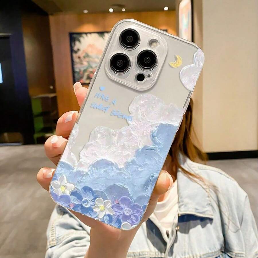 1 pieza funda de teléfono de moda, diseño azul de nubes, flores y luna creciente, compatible con Apple 11 Pro Max, 12 Pro Max, 13 Pro Max, 14 Pro Max, 15 Pro Max, 16 Plus, 16 Pro Max, Galaxy S21, S22, S23, S24 Ultra, OPPO, , Honor. Material resistente a golpes, agua y arañazos, ideal como regalo para familiares, amigos o parejas. - transparente - Ver 1