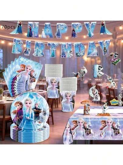Frozen Themed Disposable Tableware Set, Suitable For Family Gatherings And Parties, Includes Paper Plates, Cups, Napkins, Tablecloth, Hanging Decorations And Photo Backdrop Props