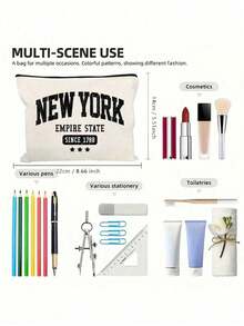 白色化妆品收纳袋 - “纽约”字母印花，耐用可重复使用购物袋，适合日常使用、洗漱用品收纳、储物，便携轻巧，可用于教堂郊游、旅行和工作、度假收纳，也适合海滩日光浴、野餐、露营、旅行、健身、泳池等场合，可重复使用，是日常商务旅行的理想之选，也是情人节礼物、节日礼物的绝佳选择，适合赠送给家人、朋友、同事和同学。 - 彩色 - 查看 11