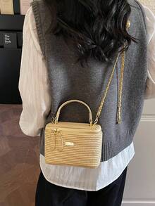 1-Piece New Style Simple Casual Versatile Woven Straw Bag Lunch Box Small Bag Chain Shoulder Messenger Bag Holiday Season Hot Small Bag Shoulder Messenger Bag,Vacay Vibes,Beachweekend,Utilitarian Chic - Khaki - View 4