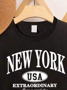 女童字母印花圆领休闲短袖T恤 - 黑色 - 查看 3