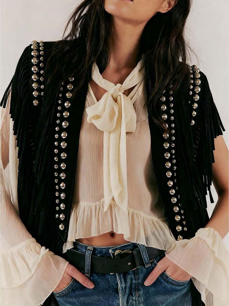 Women's Studded Suede Vest 70s Hippie Outfit Sleeveless Open Front Tassel Vest Collar - màu đen - Xem 1