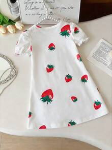 少女休闲可爱圆领短袖A字草莓印花网纱荷叶边连衣裙 - 紅色 - 查看 2