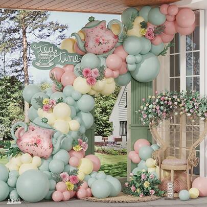 106pcs Pastel Tea Party Balloon Arch Decoration Set, Includes Pink & Green Teapot Foil Balloons, Suitable For Girl's Birthday, Spring Garden Tea Party Decor