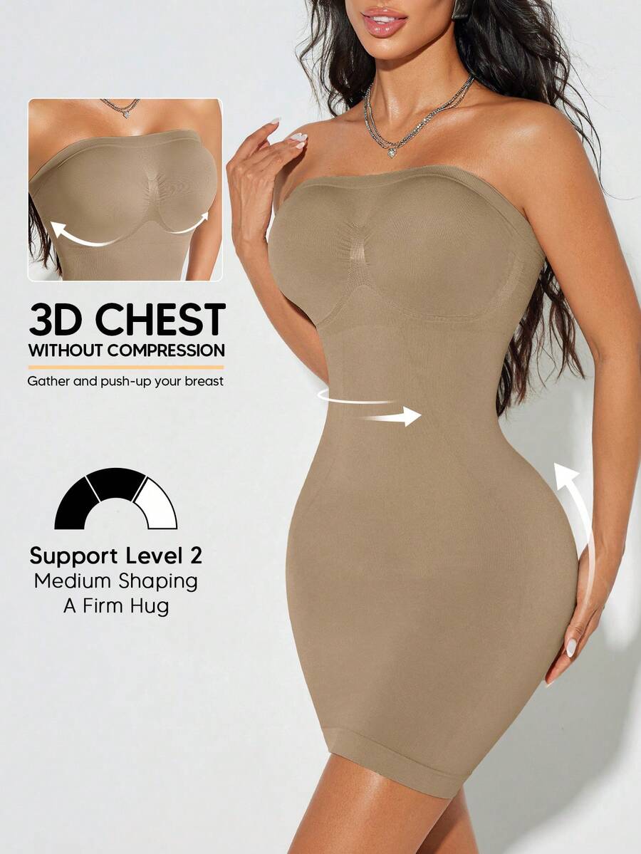 无肩带塑身吊带裙，收腹提臀，女士全衬裙，连衣裙内衬，塑身衣，无缝设计，适合夏季派对穿着。 - 駝色 - 查看 1