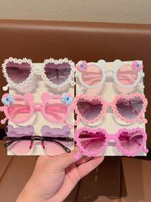 2/3/4/6 Pairs Girls Cute Floral, Heart, Bear Ear, Bow Tie, Fashion Eyeglasses Eyewear, Valentine's Day Gift, Display Card Only (No Shipping) - Multicolor - View 2