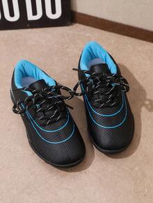 1 Pair Kids' Sports Shoes, Blue & Black Color Block, Lace-Up, Round Toe, All Season Soccer Shoes, Suitable For School Sports And Daily Wear - Blue - View 1