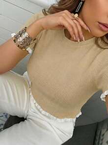 Women's Elegant Holiday/Graduation Knit Top, Casual Short Sleeve Cream Yellow Ruffle Hem Knit Pullover Sweater, Summer - Khaki - View 2