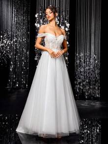 Solid Color Sequin Patchwork Zipper Off-Shoulder White Wedding Dress - White - View 6