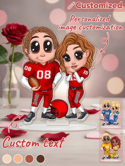 Personalized Photo Couple Acrylic Tabletop Decoration With Custom Name Number Cartoon Football Style Romantic Desk Decor Keepsake Gift For Boyfriend Girlfriend Anniversary Home Display Valentine 2026 Personalized Image Couple Ornament