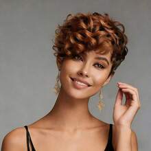 Women's Brazilian Remy Human Hair Pixie Cut Wig - Glueless Natural Look With Blonde Highlights, 180% Density Curly Wave, Soft Breathable Rose Net Cap, Full Machine Made Wig For Everyday, Parties & Special Events - S4/30 - View 6