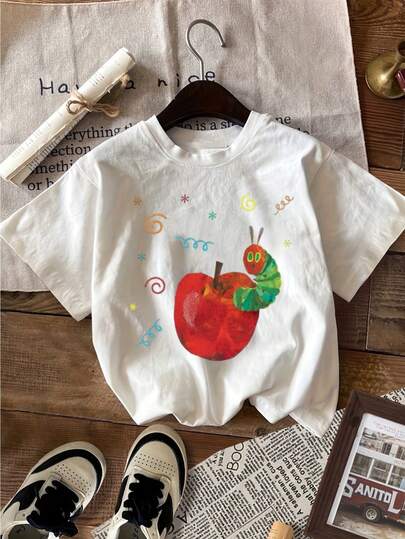 Men'S Casual Crew Neck T-Shirt With Vibrant Apple &Amp; Caterpillar Design - Black Polyester, Short Sleeve, All-Season Wear, Casual Attire|Playful Graphic Tee|Knit Construction