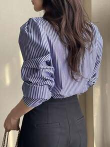 女士条纹长袖单排扣休闲/工作衬衫 - 藍色 - 查看 4