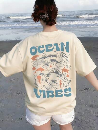 夏季女式海洋沙滩鲨鱼、海豚、海龟、水母、海星字母印花圆领米色短袖T恤，休闲宽松功能性度假风上衣，适合度假和夏季时尚穿着