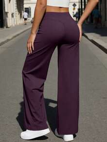 NcmRyu 1pc Women High Waist Elastic Loose Flared Leg Casual Pants - Purple - View 7
