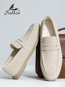[Salkin]复古设计师男士便鞋，平价奢华，适合现代生活。麂皮柔软舒适，莫卡辛风格，优雅绅士社交皮鞋，简约商务正装鞋，男士日常办公派对婚礼鞋，情侣约会，浪漫晚餐，节日礼物，休闲鞋，返校学生鞋，学院风日常通勤鞋，建议选择大一码。 - 米色 - 查看 6