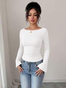 Women's Spring Fall Long Sleeve Shirts Crop Going Out Tops Casual Boat Neck Bell Sleeve Ribbed Ruched Y2K Clothes - White - View 7