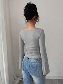 Women's Spring Fall Long Sleeve Shirts Crop Going Out Tops Casual Boat Neck Bell Sleeve Ribbed Ruched Y2K Clothes - Grey - View 3