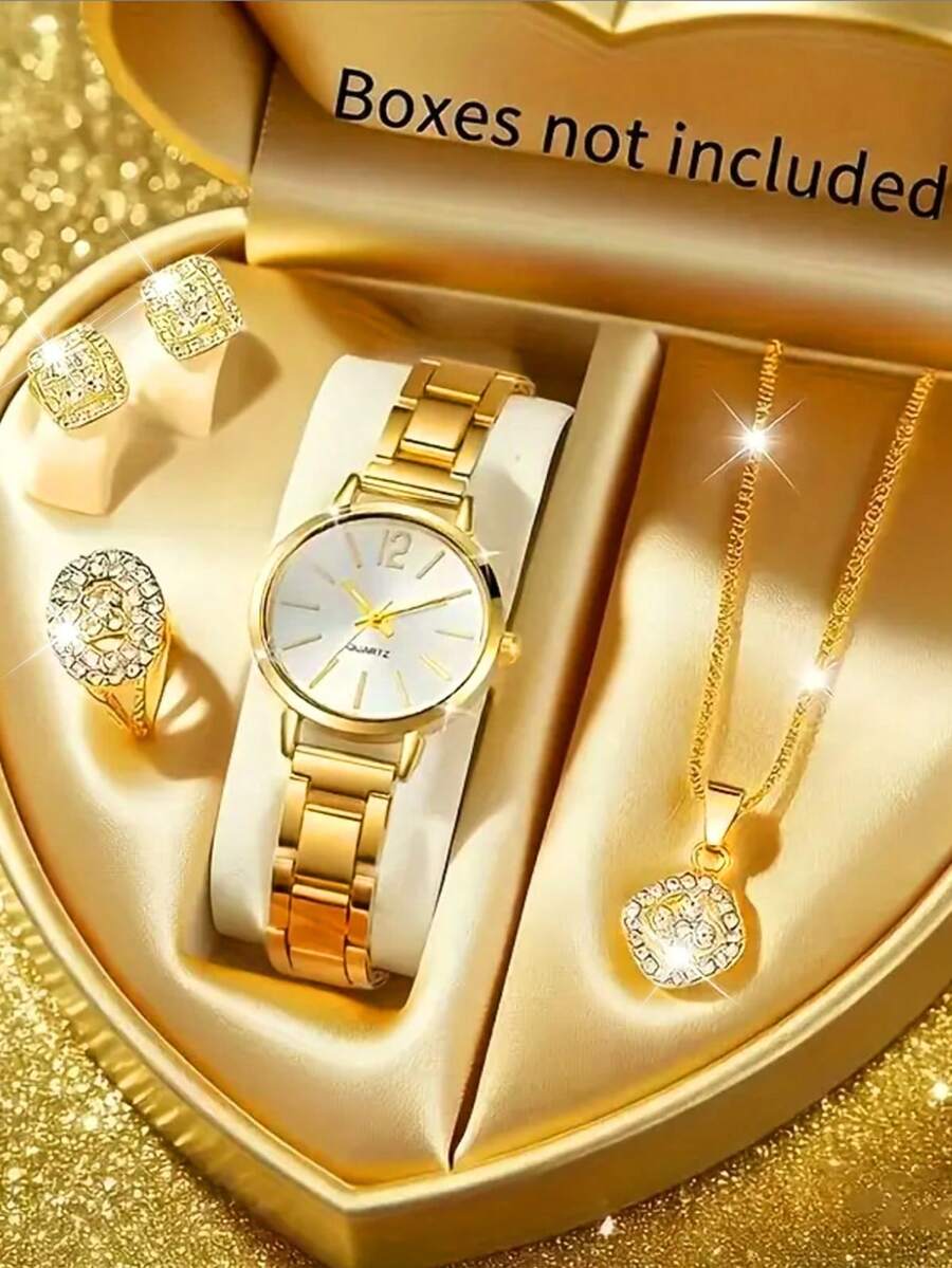 Zestaw 5 modnych damskich zegarków kwarcowych, zawiera bransoletkę, naszyjnik, pierścionek, kolczyki, okrągłą tarczę, unikalną, niestandardową konstrukcję skali, pasek o stałym rozmiarze, nadaje się na prezent i do noszenia na co dzień, bez pudełka prezentowego - Złoto - Zobacz 1