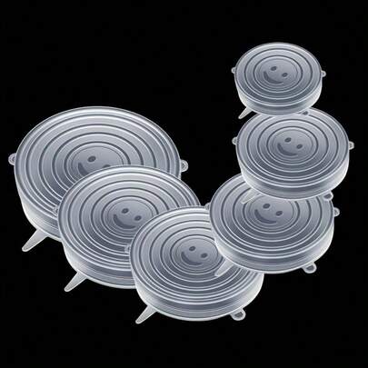 6pcs Silicone Stretch Lids, Heat Resistant Reusable Elastic Covers, Fit For Square & Round Containers, Dishwasher & Refrigerator , Suitable For Canned Fruits (The Product May Be Flattened During Transportation, But It Does Not Affect The Usage)