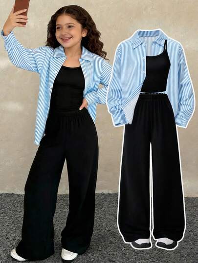 三件套时尚休闲长袖衬衫、背心和运动裤套装，专为女孩设计，打造时尚舒适的度假氛围，适合春、夏、秋季日常穿着。