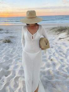 Women's New Crew Neck Half-Button Long Sleeve Ribbed Cuffed Semi-Sheer Slim-Fit Pullover, Fashionable Casual Elegant Minimalist Sexy Vacation Beach Knit Sweater Dress, Spring And Summer - White - View 5