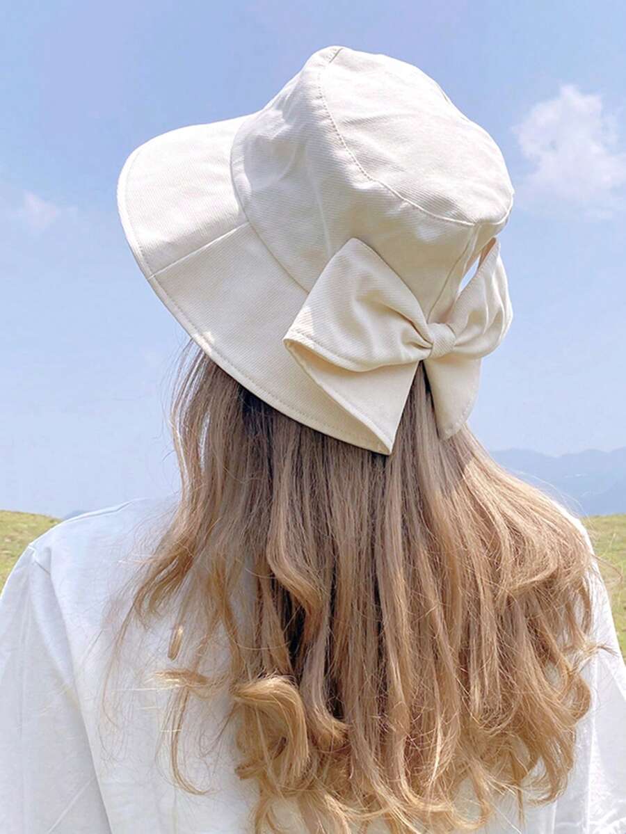 1顶女士宽檐帽，夏季日式渔夫帽，防晒，蝴蝶结装饰，百搭遮阳帽 - 米色 - 查看 1